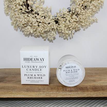 Vibrant Plum & Wild Rhubarb Candle capturing late summer orchard scents and playful citrus notes – Hideaway Home Fragrances