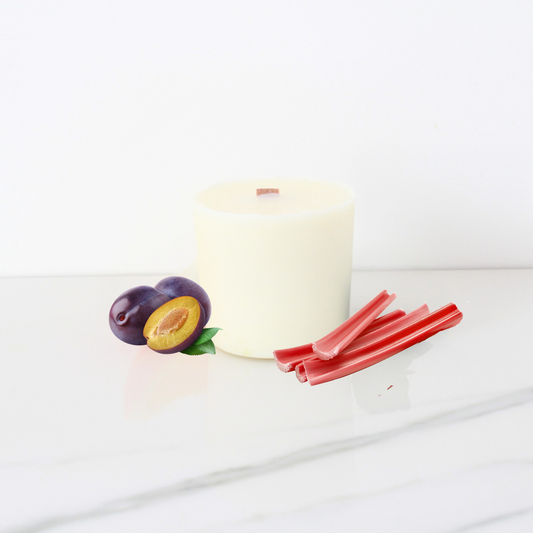 Luxury Plum & Wild Rhubarb Candle Refill blending tart rhubarb, black plum, cedarwood, and vanilla musk – Hideaway Home Fragrances