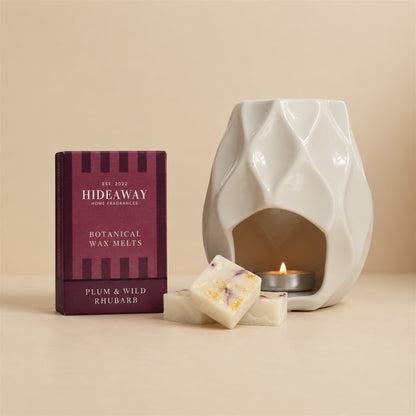 Hideaway Home Fragrances plum and wild rhubarb botanical wax melts sustainable packaging detailing notes of crisp rhubarb, soft peach, and wild berries