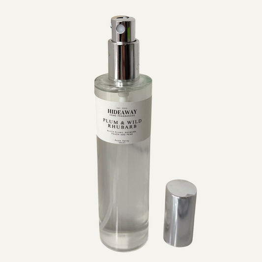 Plum and Wild Rhubarb Room Spray – juicy black plum and tart rhubarb fragrance for a fresh, uplifting home scent - Hideaway Home Fragrances