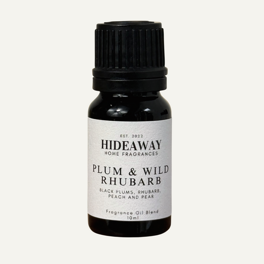 Juicy and tart Plum & Wild Rhubarb Fragrance Oil with bright grapefruit, black plum, and soft cedarwood base notes – Hideaway Home Fragrances.
