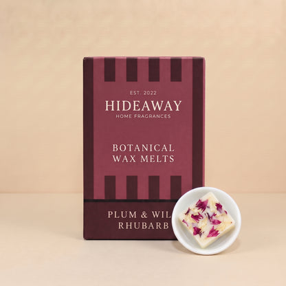 Hideaway Home Fragrances plum and wild rhubarb botanical wax melts infused with tart rhubarb, juicy peach, and dark plum