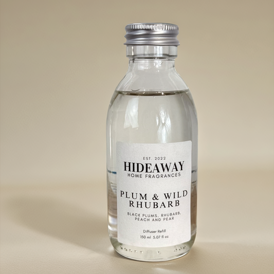 Plum & Wild Rhubarb Reed Diffuser Refill with juicy plum and tart rhubarb – bold, uplifting, and fruity fragrance – Hideaway Home Fragrances