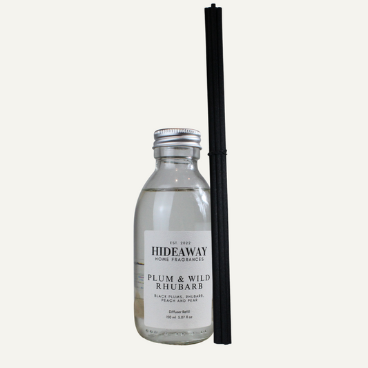Plum & Wild Rhubarb Reed Diffuser Refill with juicy plum and tart rhubarb – bold, uplifting, and fruity fragrance – Hideaway Home Fragrances