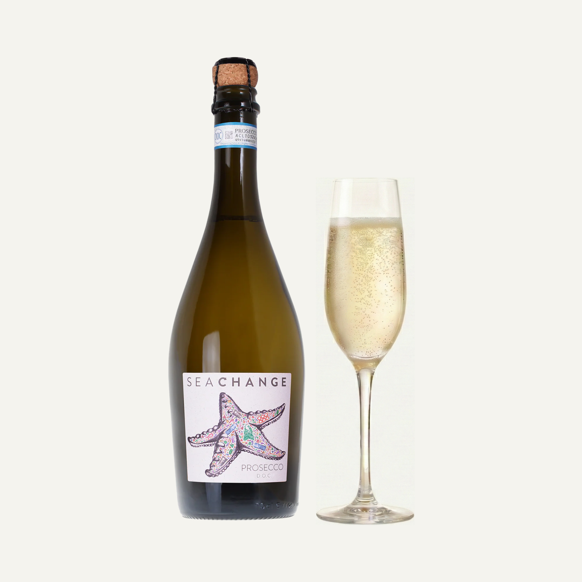 Sea Change Prosecco sparkling wine in eco-friendly packaging, crisp and refreshing Italian fizz with notes ideal for celebrations, plastic-free Prosecco supporting marine conservation charities.