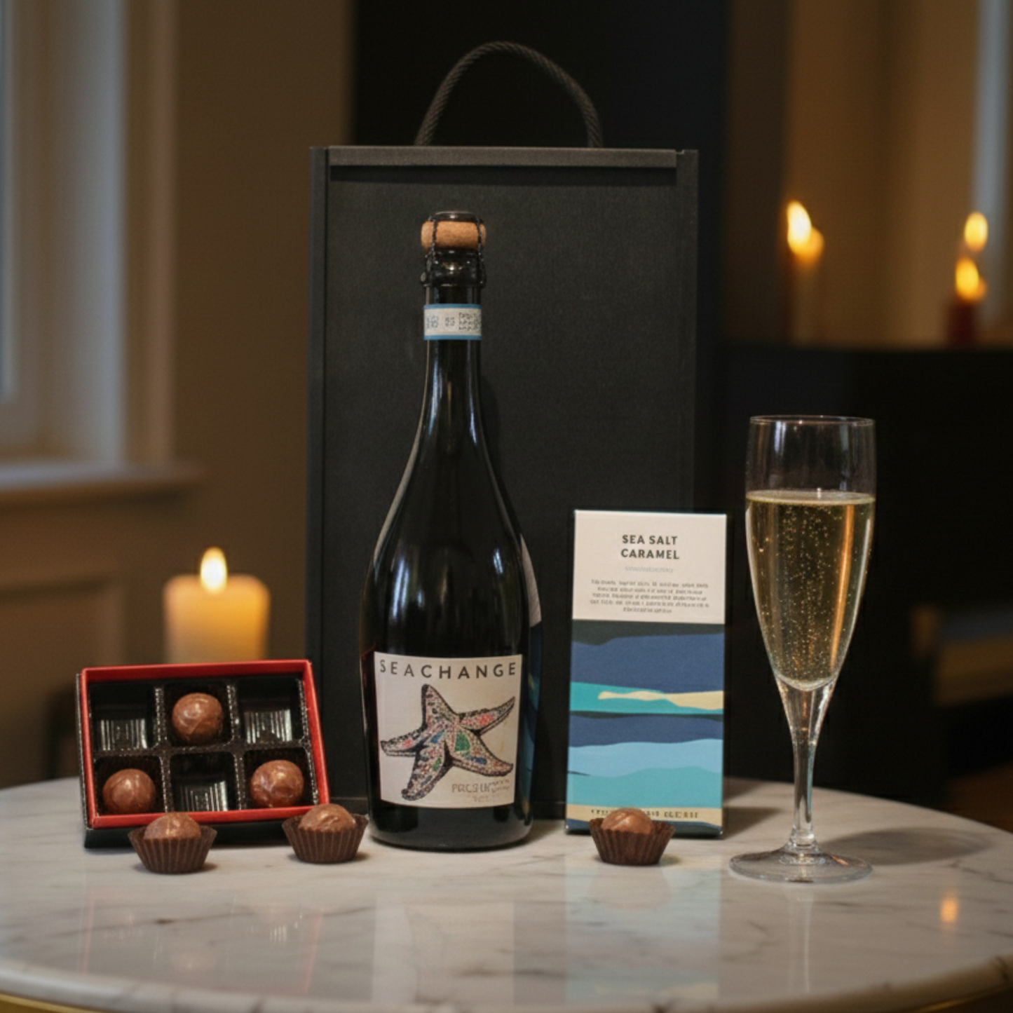 The Sommeliers Selection gift box featuring Sea Change Prosecco, No12 Chocolates, and Chocolate Society bar inside a black wooden case.