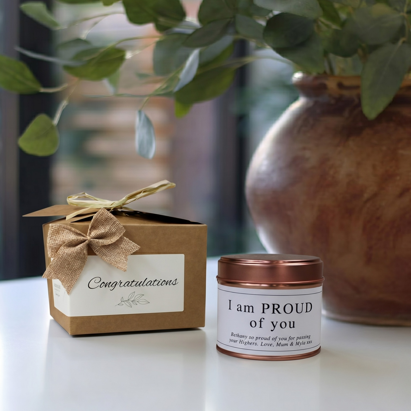 Custom proud of you encouragement candle gift with personalized name and special achievement message - Hideaway Home Fragrances