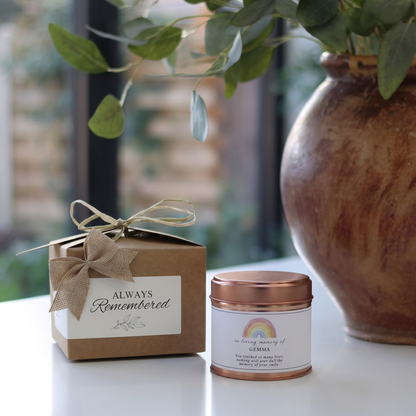 Custom infant loss sympathy remembrance gift box featuring a personalized rainbow baby memorial candle and matching home fragrance diffuser by Hideaway Home Fragrances.