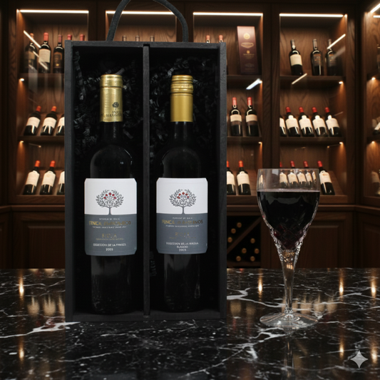 Stylish wooden wine gift box containing Finca Manzanos Rioja Red and White wine bottles.