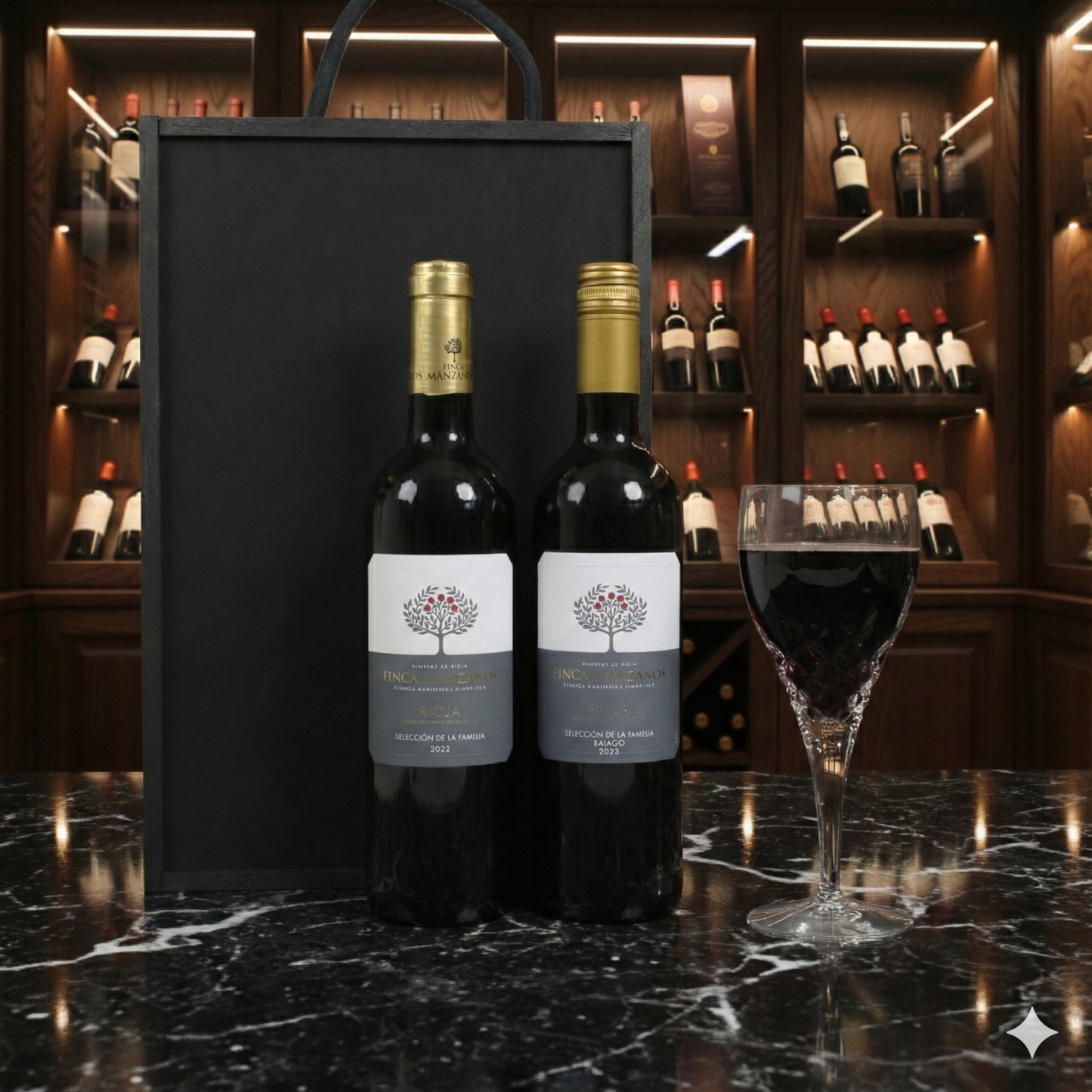 Close up of Finca Manzanos Rioja label next to a wooden presentation box.