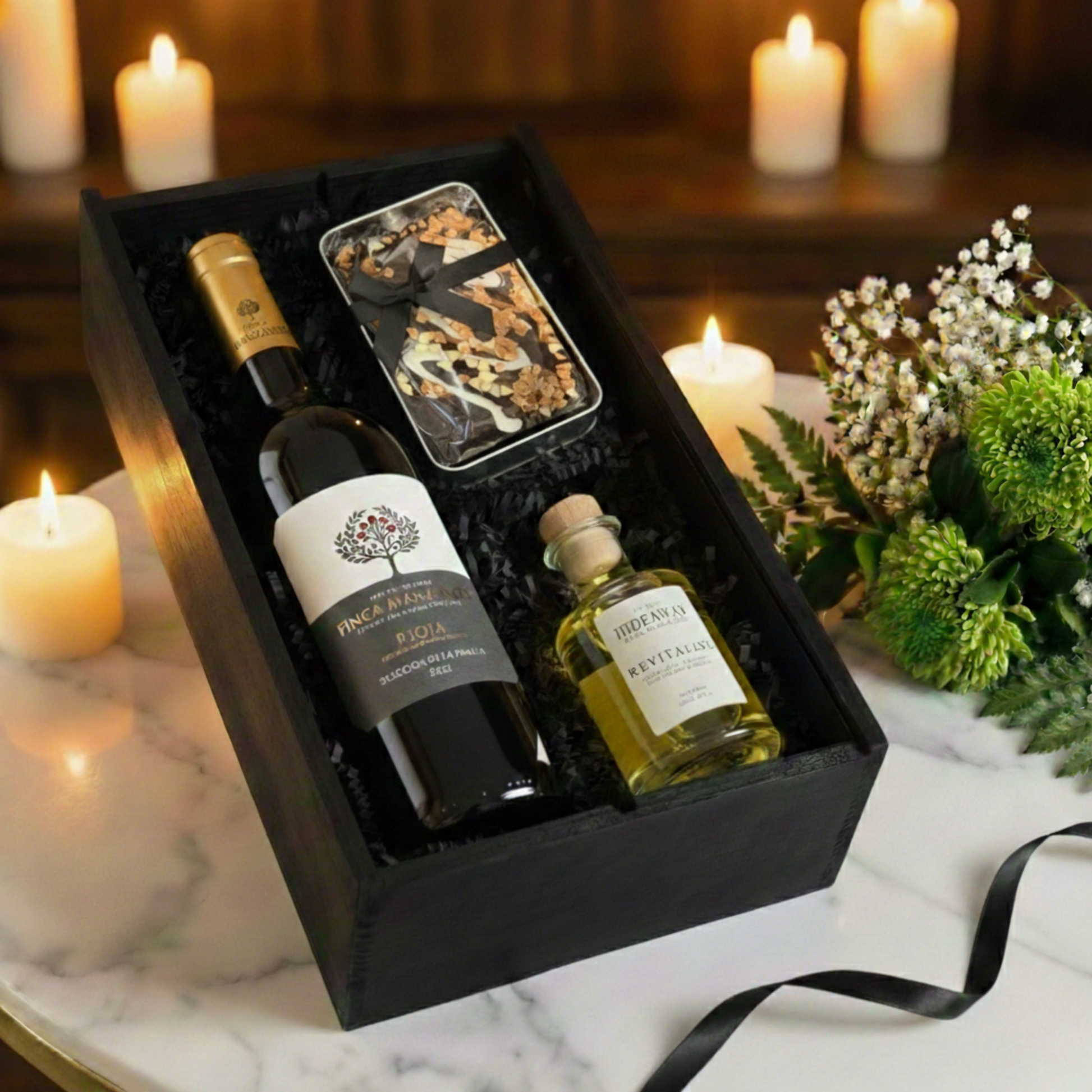The Sensory Edit gift box featuring Finca Manzanos wine, Hideaway Reed Diffuser, and Cartwright & Butler cake tin inside a black wooden case.