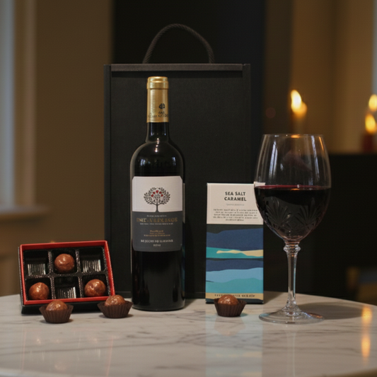 Cacao & Cask gift box featuring Finca Manzanos Rioja, No12 Chocolates, and Chocolate Society bar inside a black wooden case.