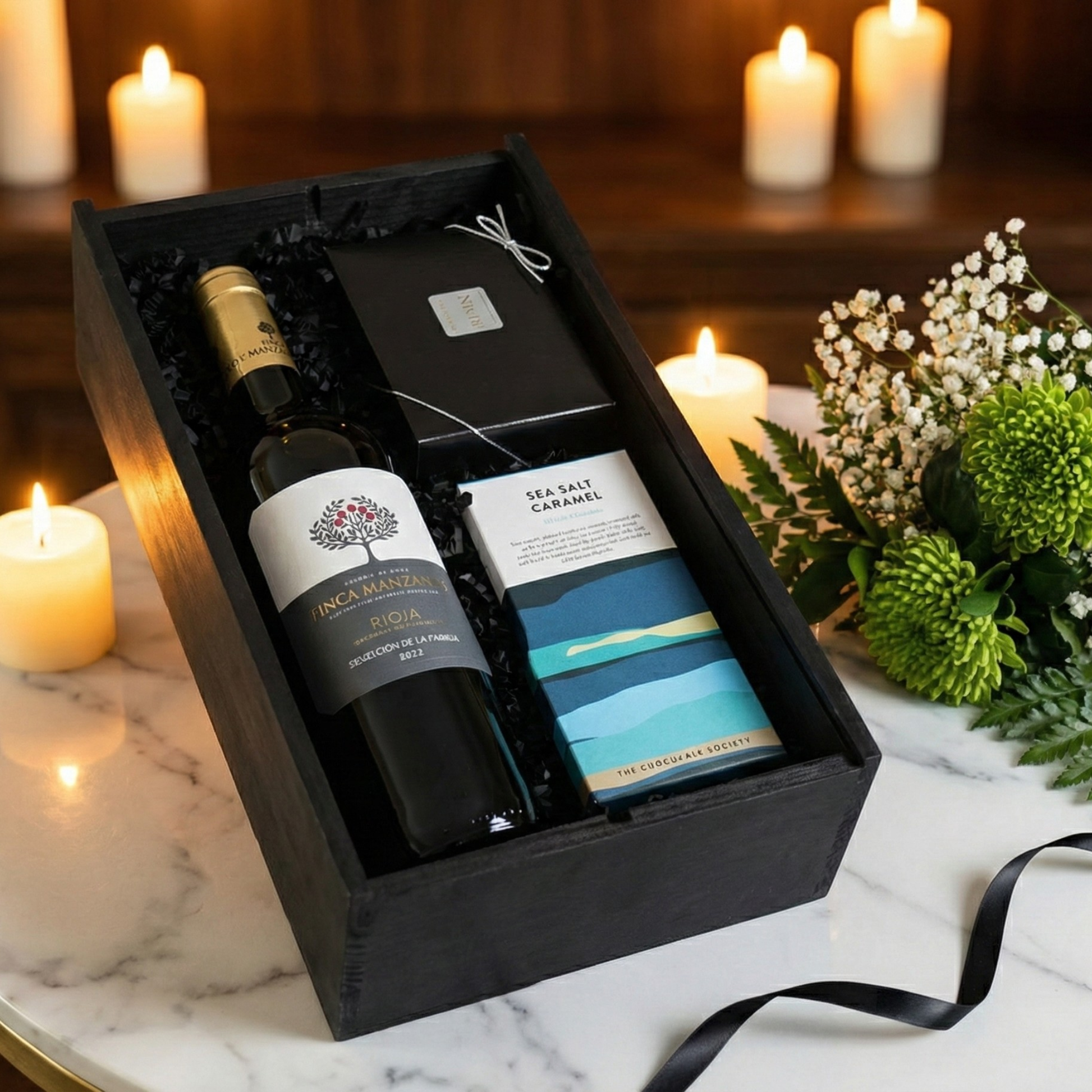 Three bottles of Finca Manzanos wine—Red, White, and Rosé—displayed next to luxury artisan chocolate gifts.