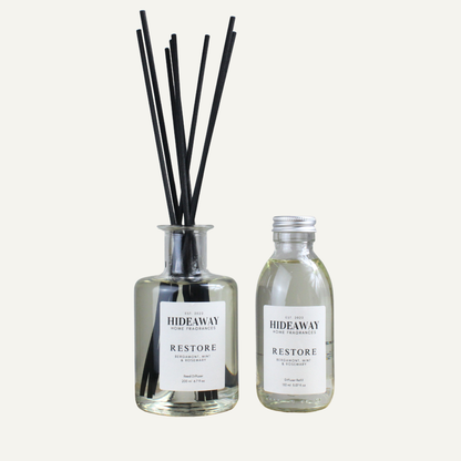 Refreshing Energising Balanced Reed Diffuser Refill – Restore Blend with Bergamot, Mint, and Subtle Woody Undertones | Hideaway Home Fragrances