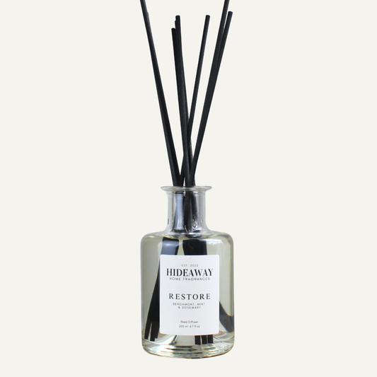 Restore Reed Diffuser – Refreshing Energising Balanced Home Fragrance with Bergamot, Mint, and Rosemary | Hideaway Home Fragrances