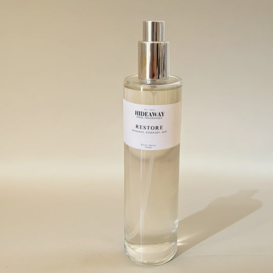 Restore Room Spray with bergamot, mint, and rosemary scent - Hideaway Home Fragrances