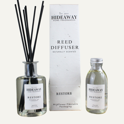 Elegant Restore Reed Diffuser – Refreshing Energising Balanced Fragrance for Clarity and Calm | Hideaway Home Fragrances