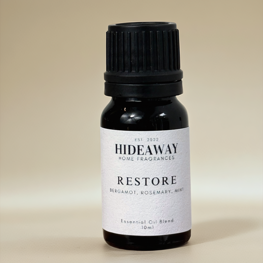 Restore Essential Oil with refreshing bergamot, energising mint, and balanced rosemary for a calming, clear atmosphere — Hideaway Home Fragrances