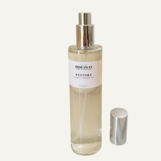 Restore Room Spray with bergamot, mint, and rosemary scent - Hideaway Home Fragrances
