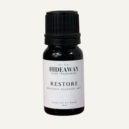 Restore Essential Oil with refreshing bergamot, energising mint, and balanced rosemary for a calming, clear atmosphere — Hideaway Home Fragrances