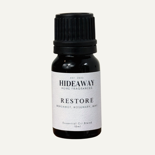 Restore Essential Oil with refreshing bergamot, energising mint, and balanced rosemary for a calming, clear atmosphere — Hideaway Home Fragrances