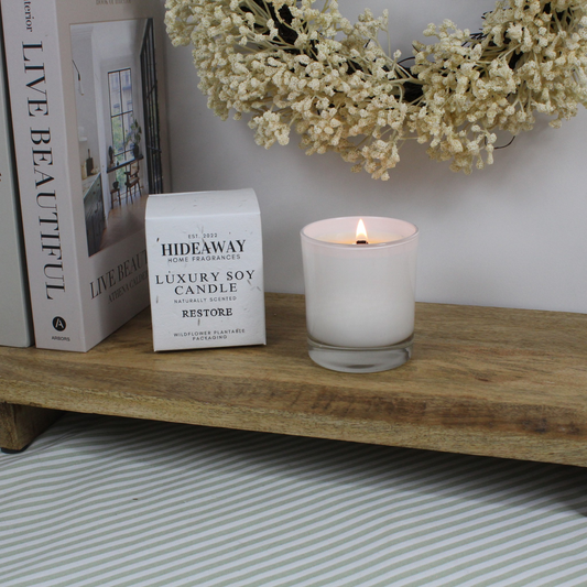 Restore Candle with bergamot, mint, and rosemary for a refreshing and calming atmosphere – Hideaway Home Fragrances