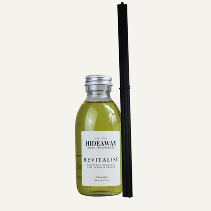Revitalise Reed Diffuser Refill – Citrusy Energising Uplifting Home Fragrance with Grapefruit, Orange, and Lemon | Hideaway Home Fragrances