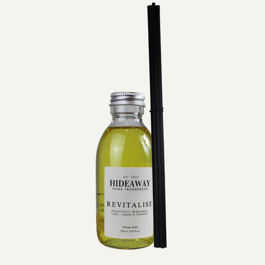 Revitalise Reed Diffuser Refill with grapefruit, orange, lemon, lime, and bergamot – citrusy, energising, and uplifting scent – Hideaway Home Fragrances