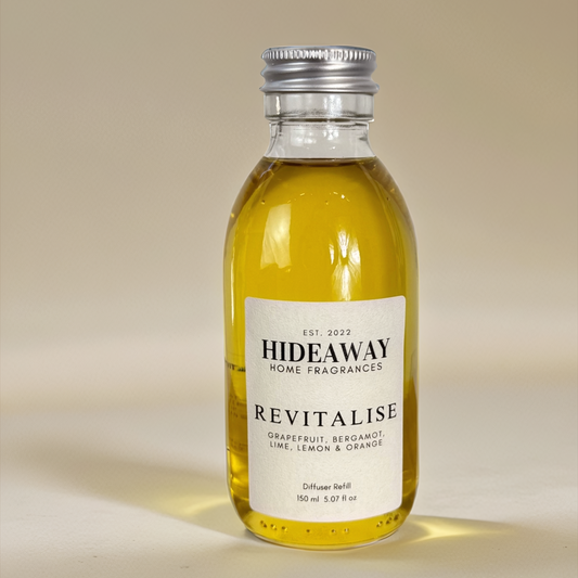 Revitalise Reed Diffuser Refill with grapefruit, orange, lemon, lime, and bergamot – citrusy, energising, and uplifting scent – Hideaway Home Fragrances