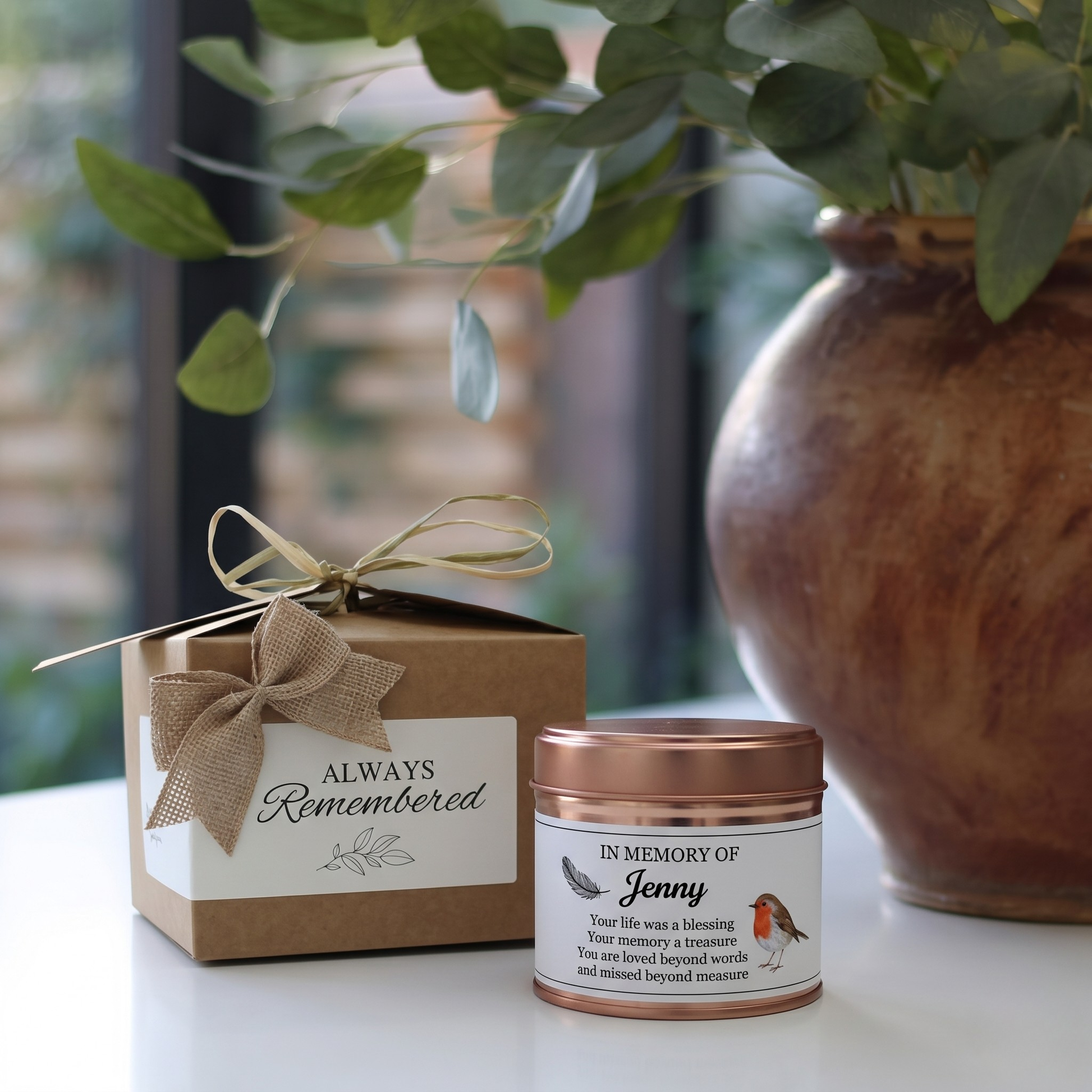Custom sympathy remembrance gift box featuring a personalized robin illustration memorial candle and matching home fragrance diffuser by Hideaway Home Fragrances.