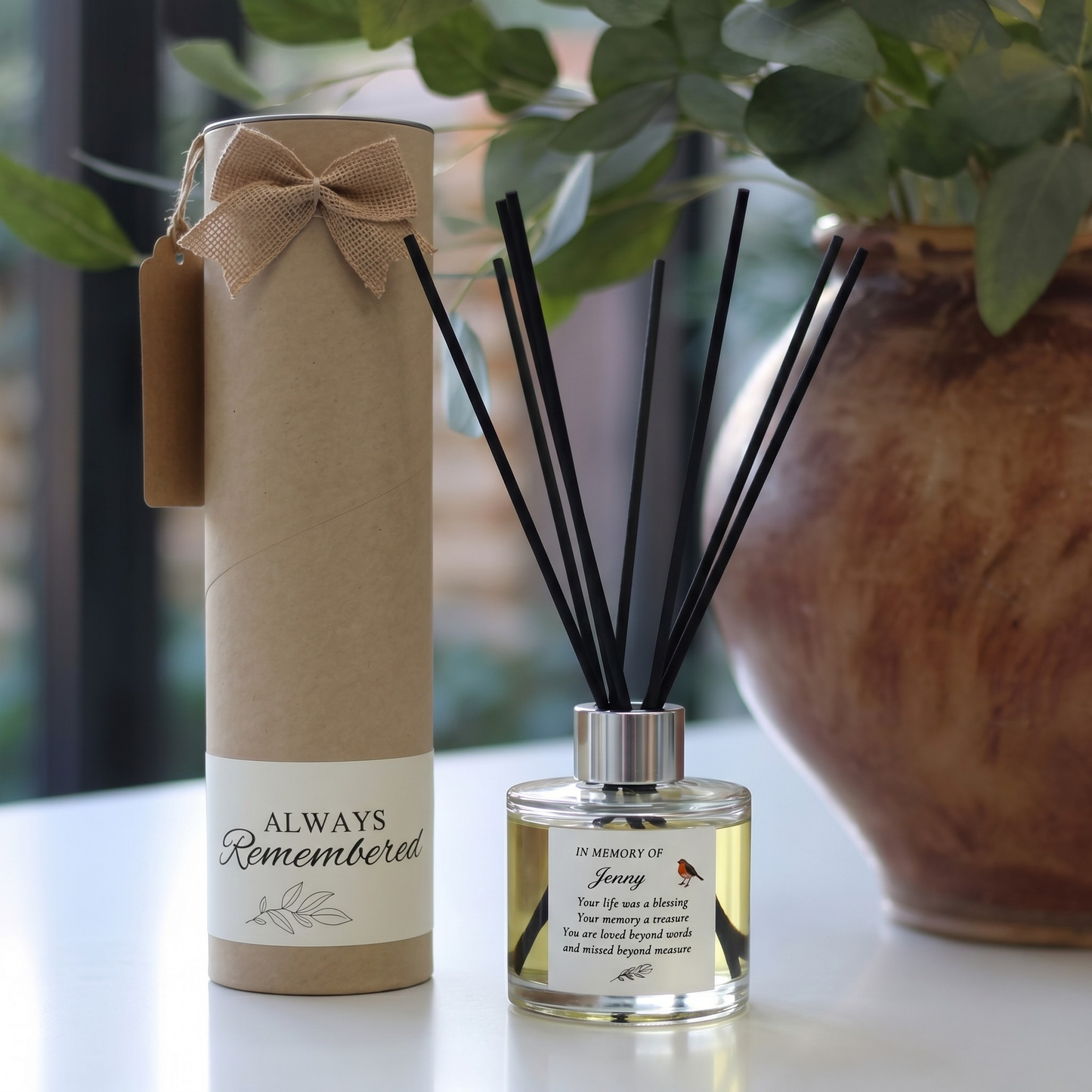 Personalised "In Loving Memory" robin candle and luxury reed diffuser keepsake gift set, beautifully packaged and ready to gift by Hideaway Home Fragrances.