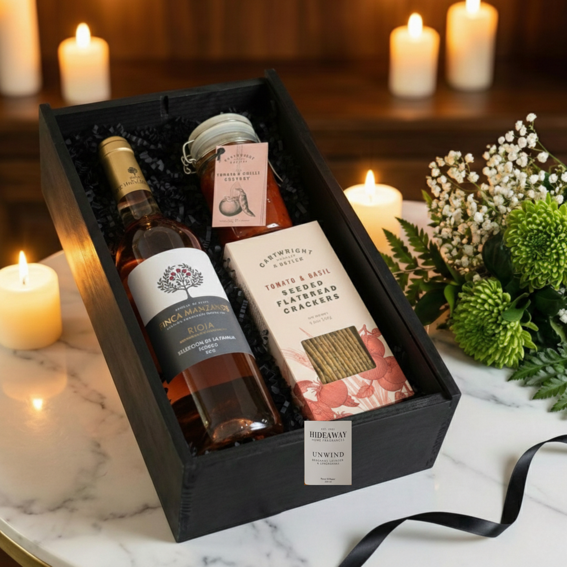 Choice of Red, White, or Rosé wine displayed with savoury pantry snacks and home fragrance in a premium gift box.