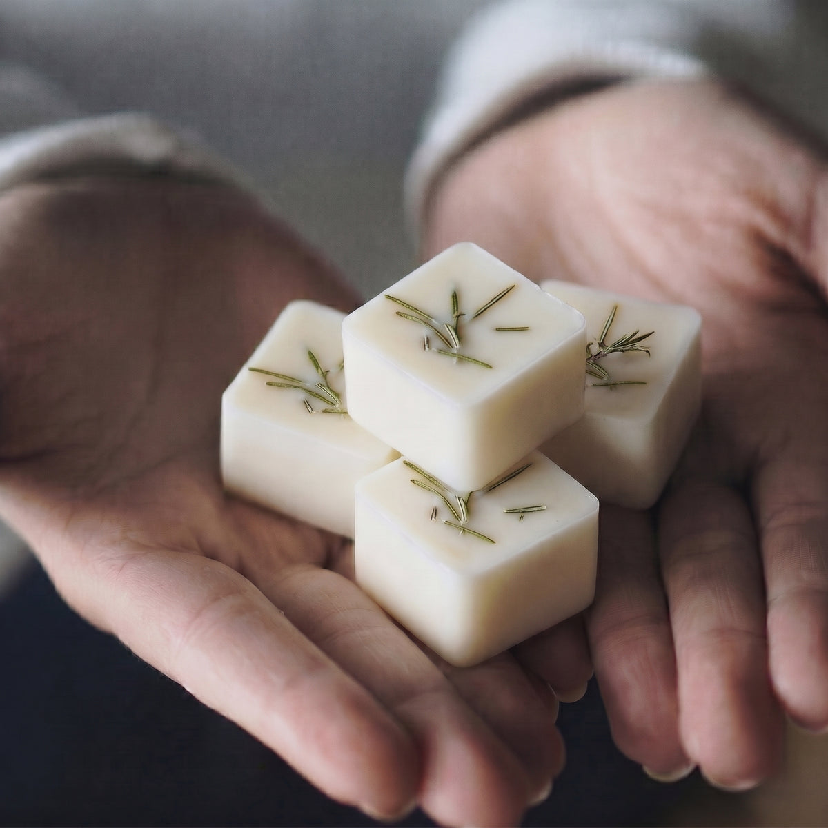 Herbal bay and rosemary botanical wax melt cube in burner dish by Hideaway Home Fragrances with pine and lavender scent