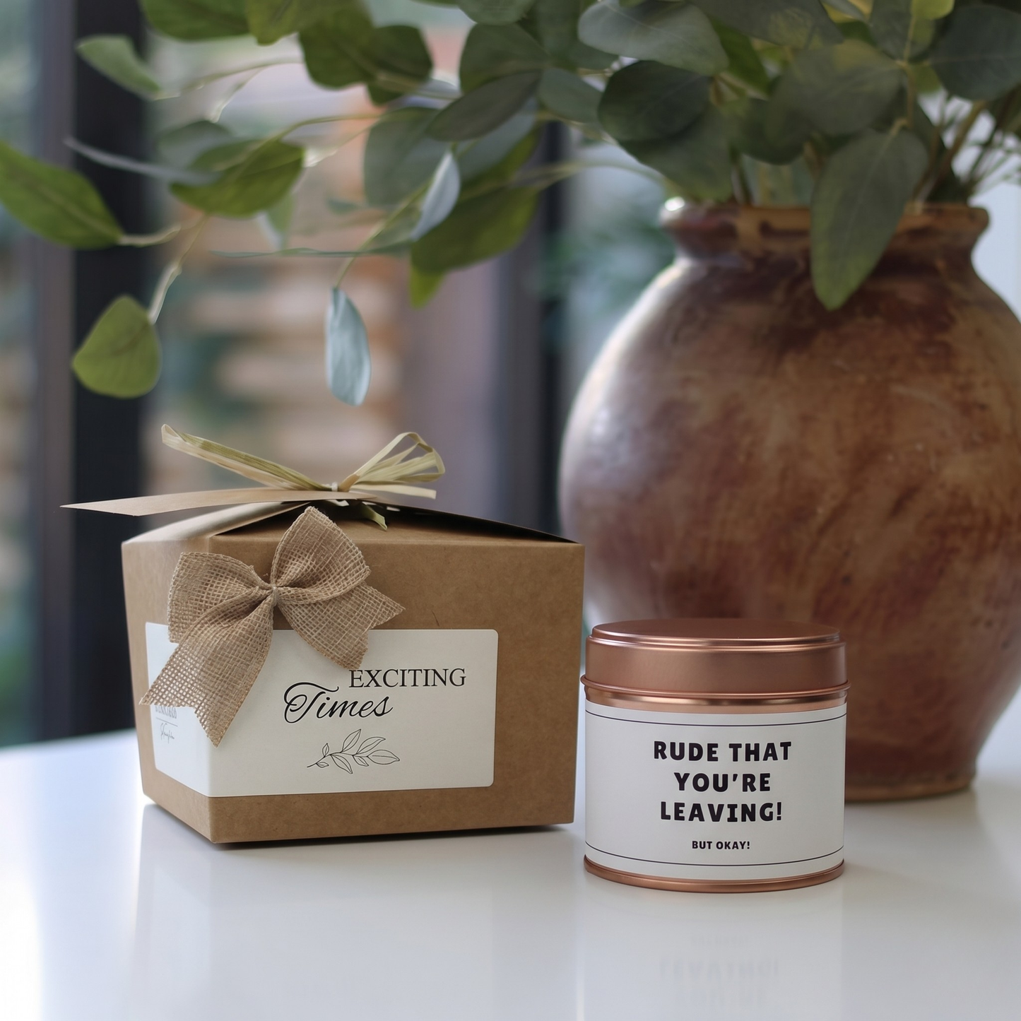 Custom luxury coworker farewell gift box featuring a humorous work bestie leaving candle and matching home fragrance diffuser by Hideaway Home Fragrances.