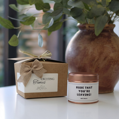 Custom luxury coworker farewell gift box featuring a humorous work bestie leaving candle and matching home fragrance diffuser by Hideaway Home Fragrances.