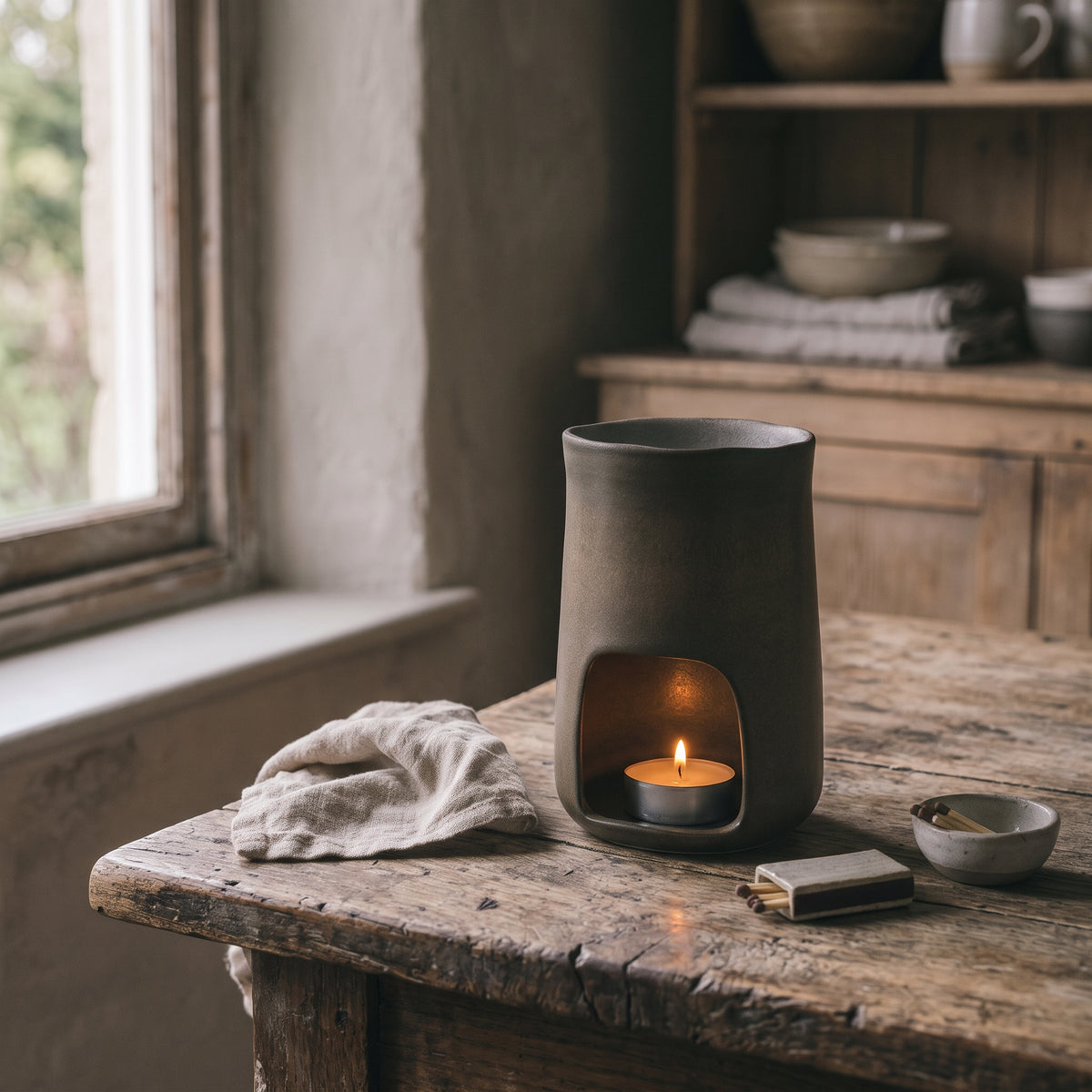 Rustic Ceramic Burner with warm bronze undertones and tactile ceramic finish by Hideaway Home Fragrances on neutral studio background