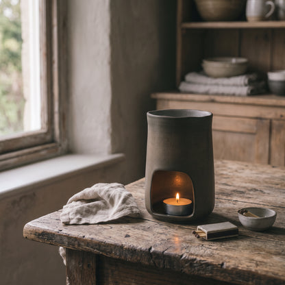 Rustic Ceramic Burner with warm bronze undertones and tactile ceramic finish by Hideaway Home Fragrances on neutral studio background