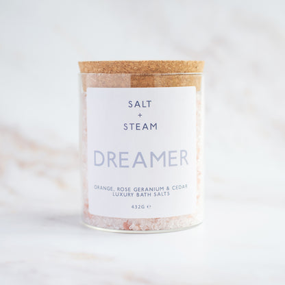 Dreamer Bath Salts with orange, rose geranium, and cedar for relaxation - Hideaway Home Fragrances