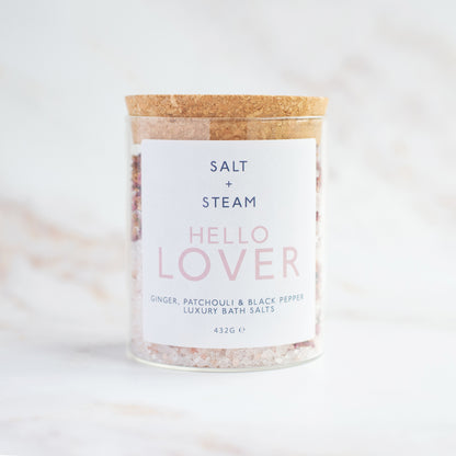 Hello Lover Bath Salts with ginger, patchouli, and black pepper for sensual relaxation - Hideaway Home Fragrances