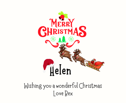 Close up of personalised santa sleigh luxury reed diffuser whimsical winter theme holiday gift - Hideaway Home Fragrances