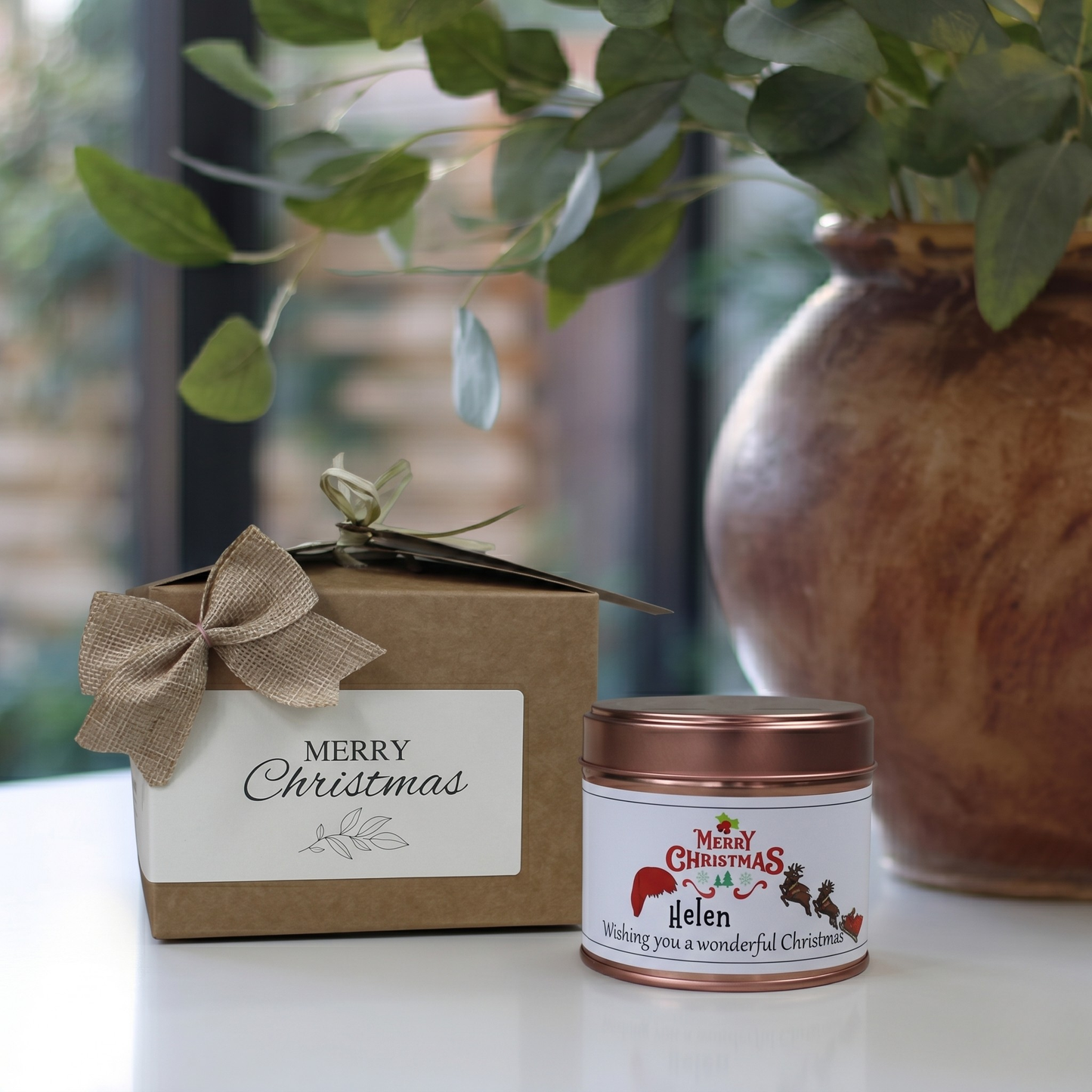 Custom santa claus sleigh holiday candle gift with personalized family name christmas design - Hideaway Home Fragrances