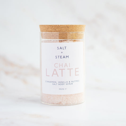 Chai Latte Essential Oil Body Scrub with cinnamon, vanilla, and nutmeg for soft, smooth skin - Hideaway Home Fragrances