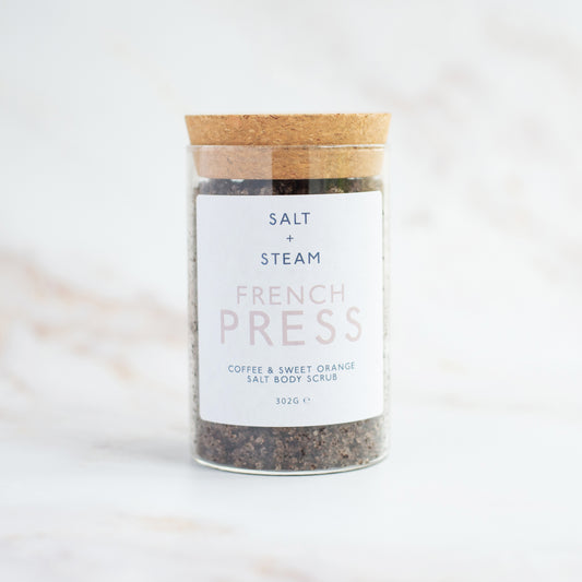 Energising French Press Body Scrub with coffee and sweet orange for soft, radiant skin - Hideaway Home Fragrances