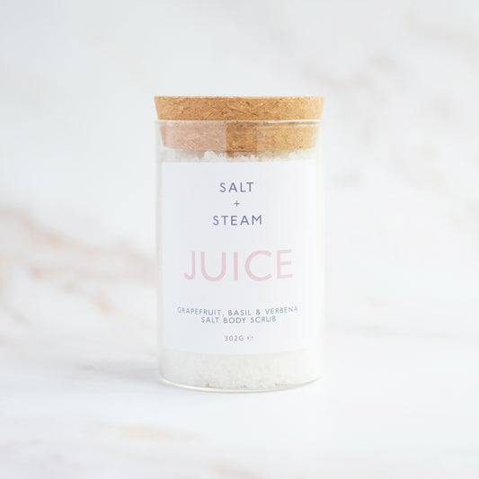 Revitalise your skin with our Juice Body Scrub, featuring grapefruit, basil, and lemon verbena for a glowing complexion - Hideaway Home Fragrances