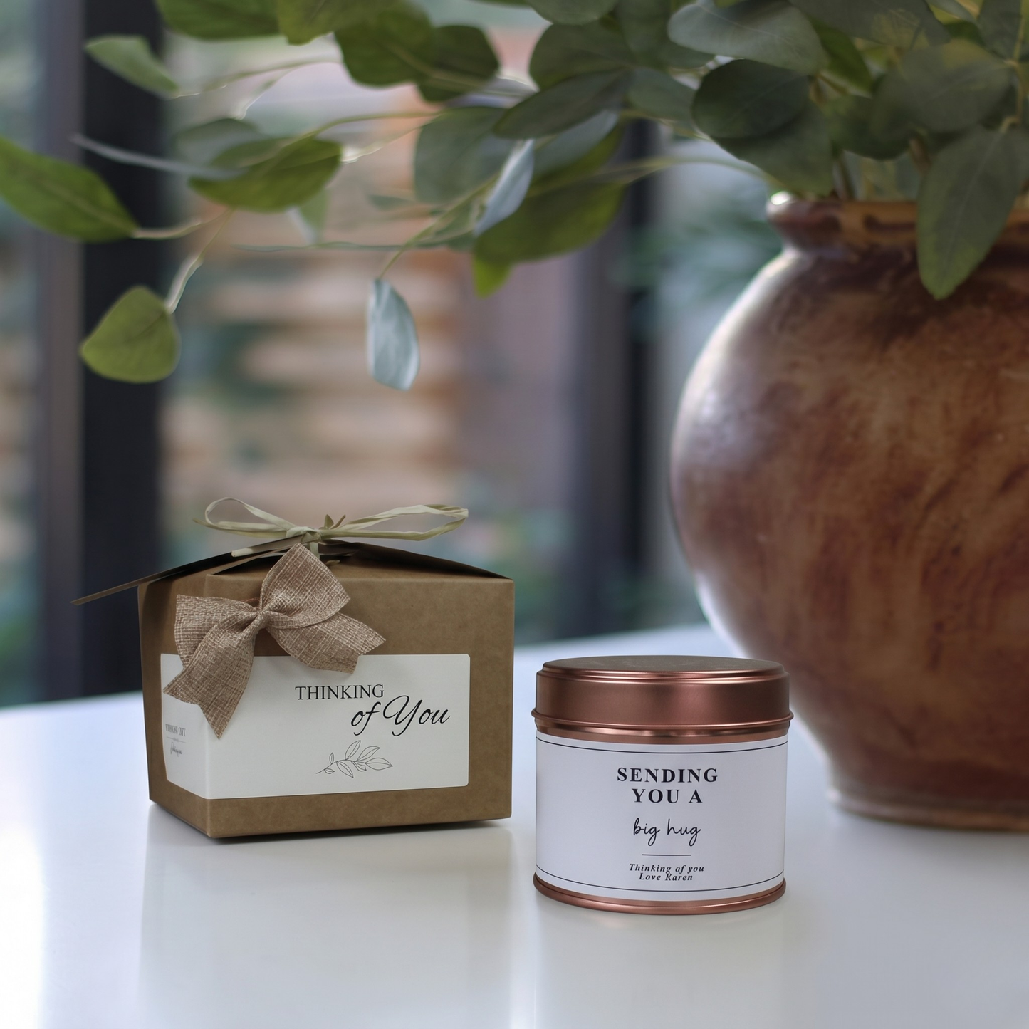 Custom thinking of you care package gift box featuring a personalized comfort hug candle and matching home fragrance diffuser by Hideaway Home Fragrances.