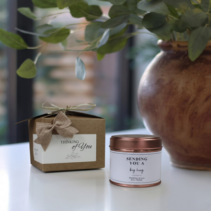 Custom thinking of you care package gift box featuring a personalized comfort hug candle and matching home fragrance diffuser by Hideaway Home Fragrances.
