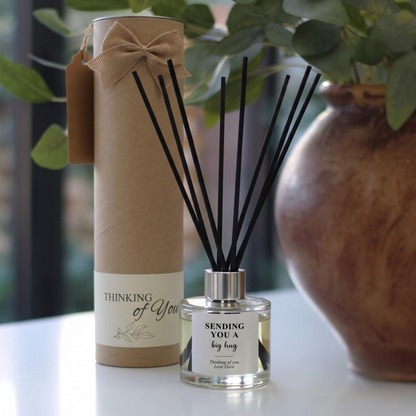 Personalised "Sending A Big Hug" thinking of you candle and luxury reed diffuser keepsake gift set, beautifully packaged and ready to gift by Hideaway Home Fragrances.
