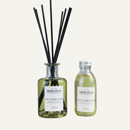 Citrusy Tropical Soothing Reed Diffuser Refill – Seychelles Blend with Coconut, Vanilla, and Warm Amber Notes | Hideaway Home Fragrances