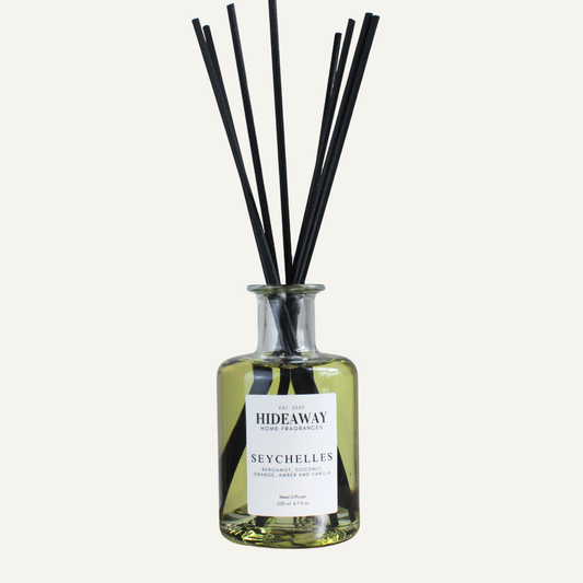 Seychelles Reed Diffuser – Citrusy Tropical Soothing Home Fragrance with Bergamot, Orange, and Coconut | Hideaway Home Fragrances