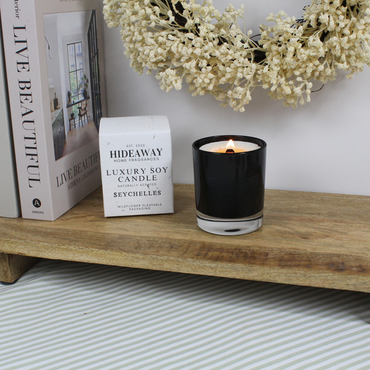 Seychelles Candle with bergamot, orange, amber, and coconut for tropical luxury – Hideaway Home Fragrances